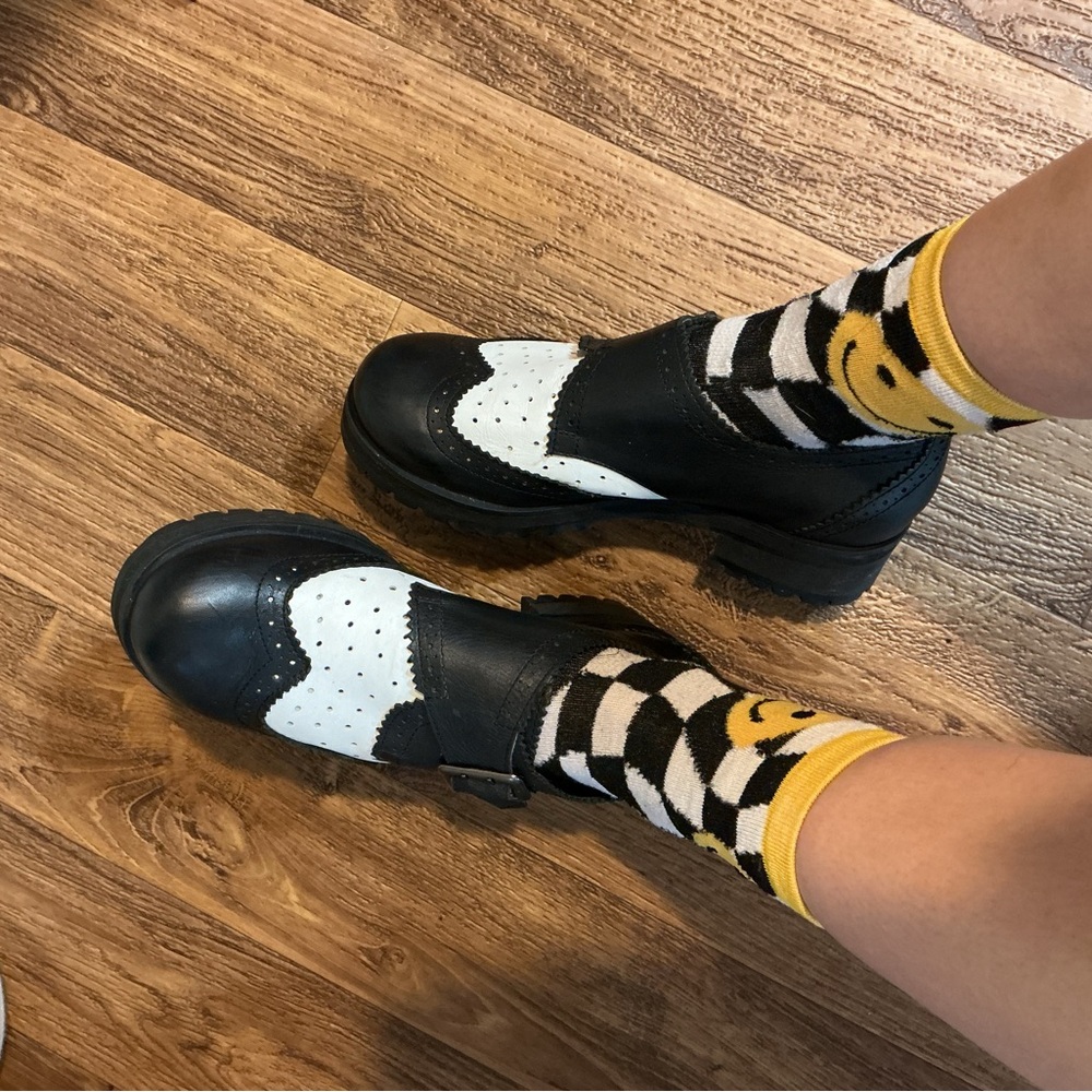 SOLD Black and white leather brogue Mary Jane chunky  loafers